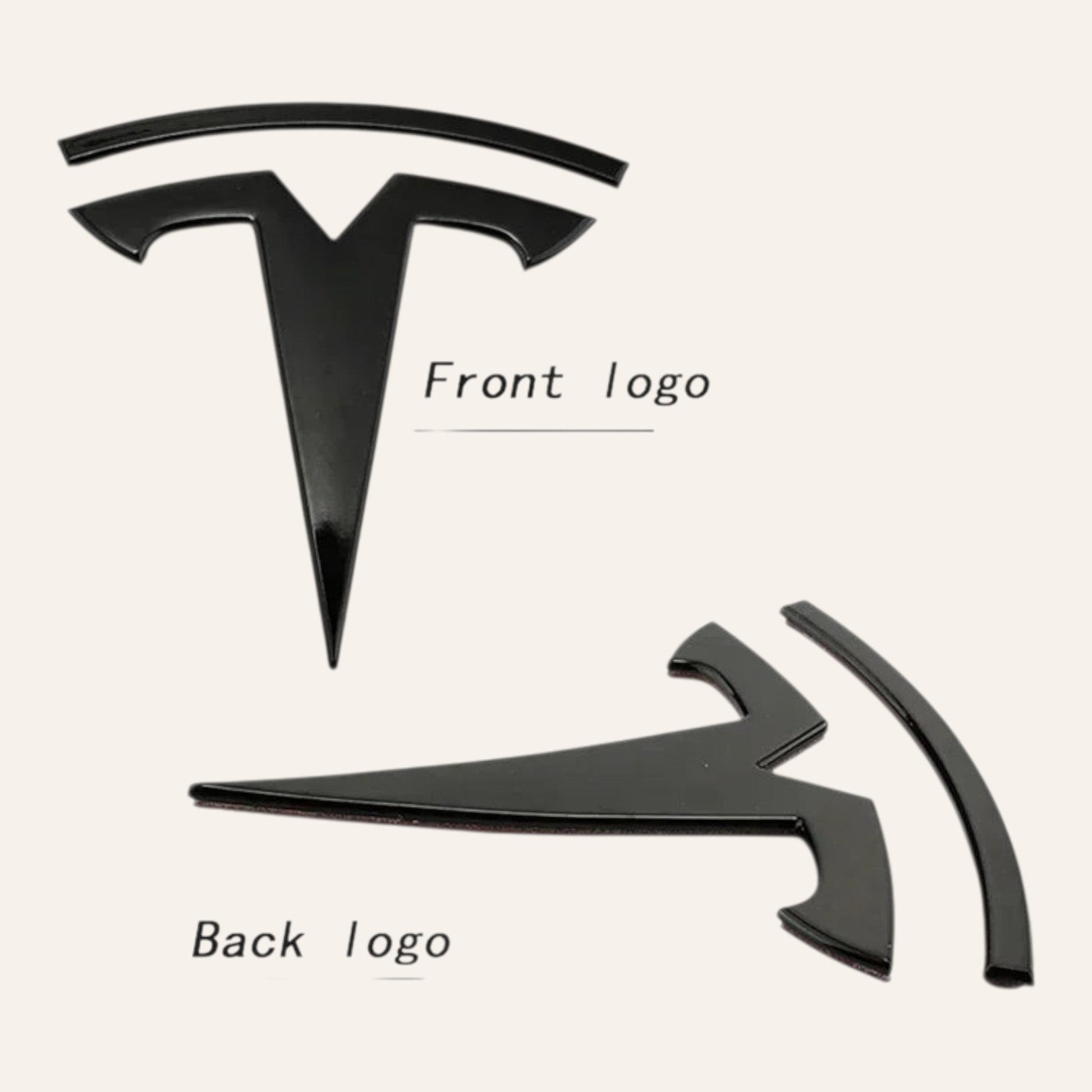 Elevate Automotive gloss black Tesla emblem badge upgrade set for Model 3 & Y. Includes front and back ABS logos.