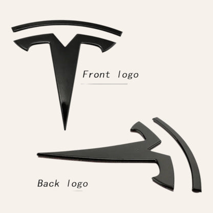 Elevate Automotive gloss black Tesla emblem badge upgrade set for Model 3 & Y. Includes front and back ABS logos.