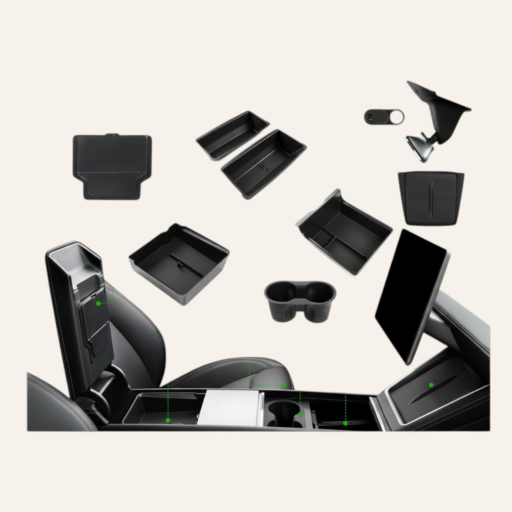 Elevate Automotive Interior Essentials Kit for Tesla Model 3/Y. Black organizers, cup holder mats, screen mount, door lock covers, screen protector.
