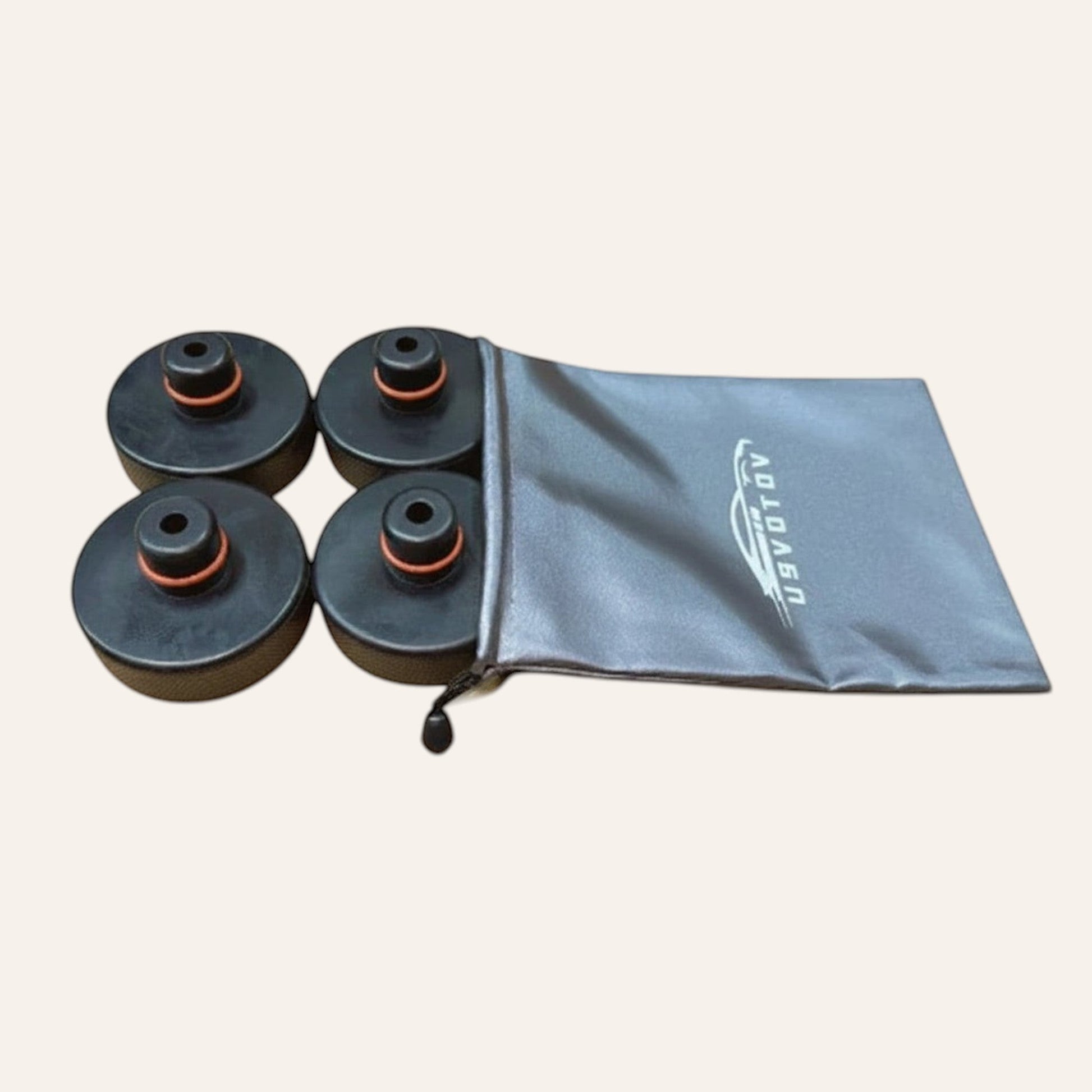 Elevate Automotive black rubber jack lift pad set with orange O-rings, includes grey storage bag for Tesla Model 3 Y S X.