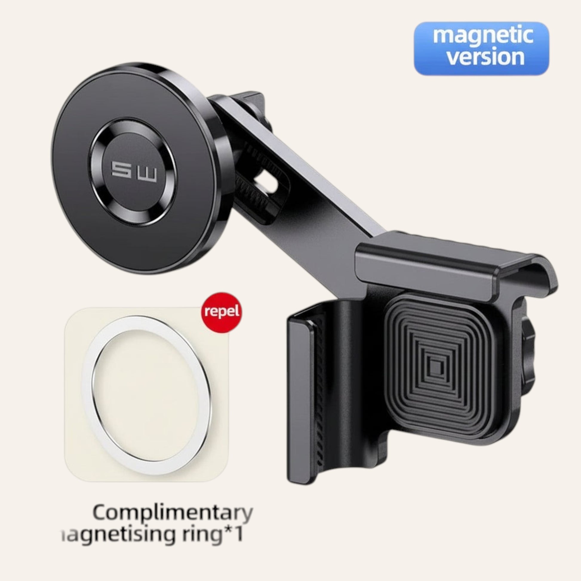 Elevate Automotive black magnetic phone mount for Tesla Model 3/Y with MagSafe compatibility and included ring.