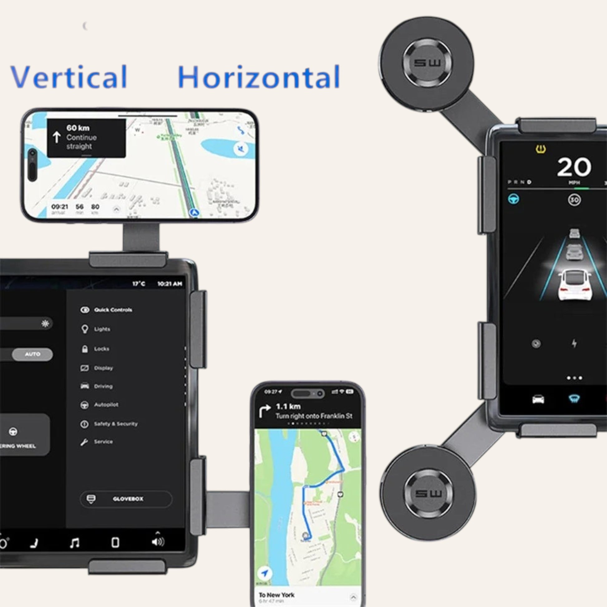 Elevate Automotive magnetic phone mount for Tesla Model 3/Y, attaches to screen, holds phone vertically or horizontally.