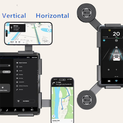 Elevate Automotive magnetic phone mount for Tesla Model 3/Y, attaches to screen, holds phone vertically or horizontally.