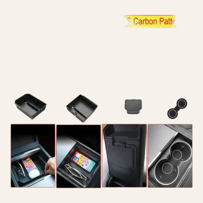Elevate Automotive black carbon fiber pattern center console organizer tray for Tesla Model 3 Highland & Y Juniper with dedicated compartments.