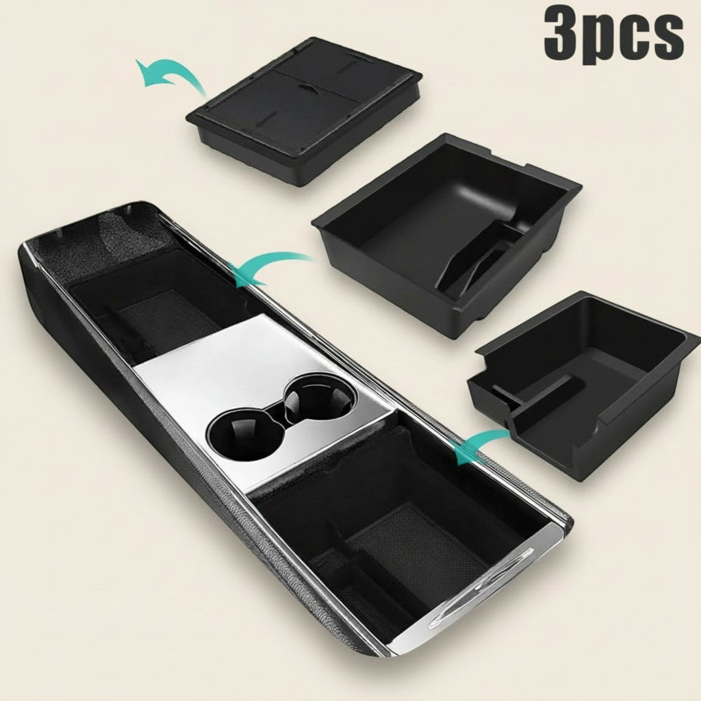 Elevate Automotive black organizer set for Tesla Model 3 Y 2021-2023 center console. Includes 3 trays with dedicated slots.