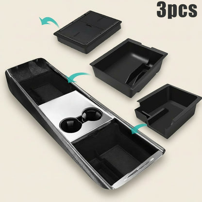 Elevate Automotive black organizer set for Tesla Model 3 Y 2021-2023 center console. Includes 3 trays with dedicated slots.