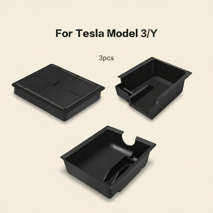 Elevate Automotive black 3-piece center console organizer set for Tesla Model 3/Y (2021-2023) with dedicated slots.