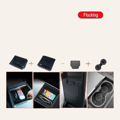 Elevate Automotive black flocked organizer tray for Tesla Model 3 Highland & Y Juniper center console, with compartments for phone, cards, and cables.