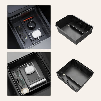 Elevate Automotive black carbon fiber center console organizer tray for Tesla Model 3 Highland & Y Juniper with compartments for glasses, AirPods, and cards.