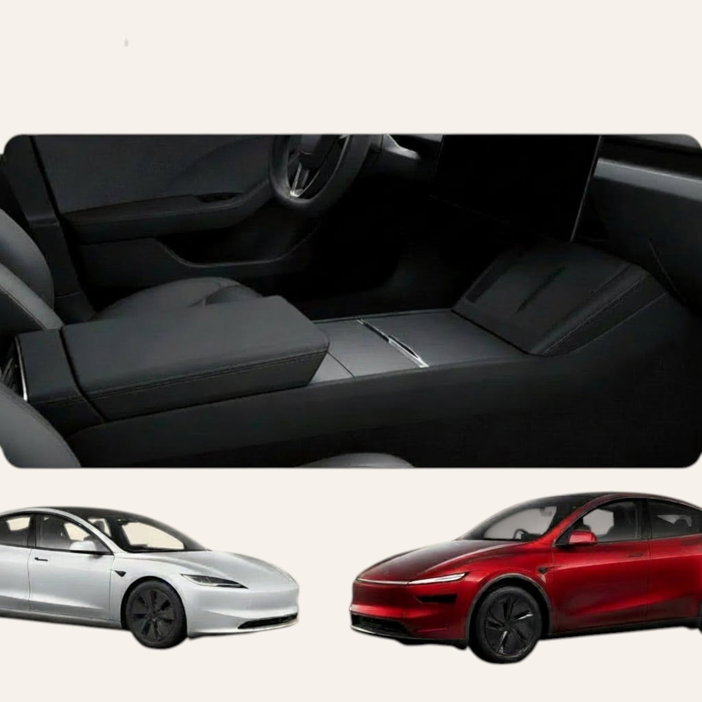 Elevate Automotive black center console organizer tray for Tesla Model 3 Highland and Model Y Juniper with dedicated compartments.