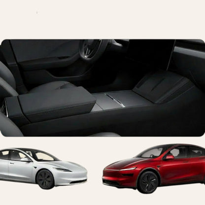 Elevate Automotive black center console organizer tray for Tesla Model 3 Highland and Model Y Juniper with dedicated compartments.
