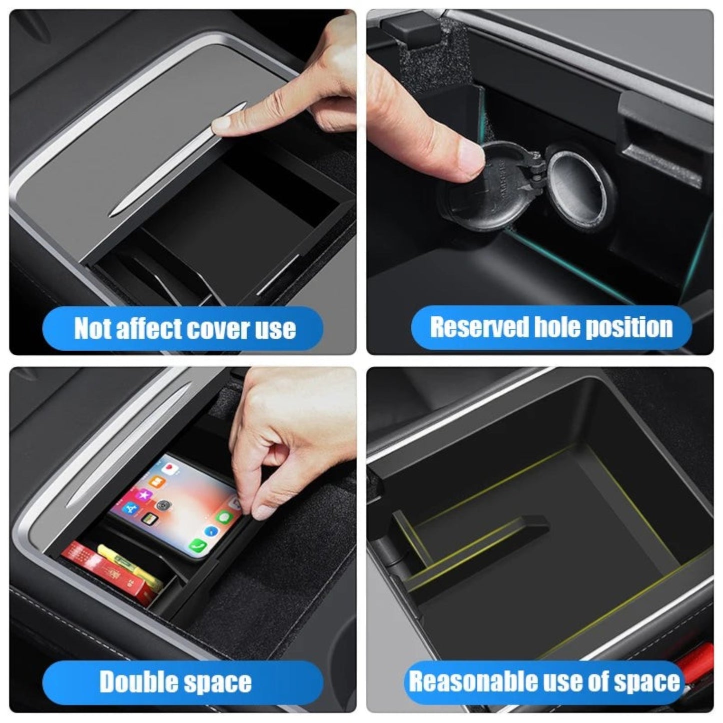 Elevate Automotive center console organizer for Tesla Model 3 Y (2021-2023) with dedicated slots and hidden storage.