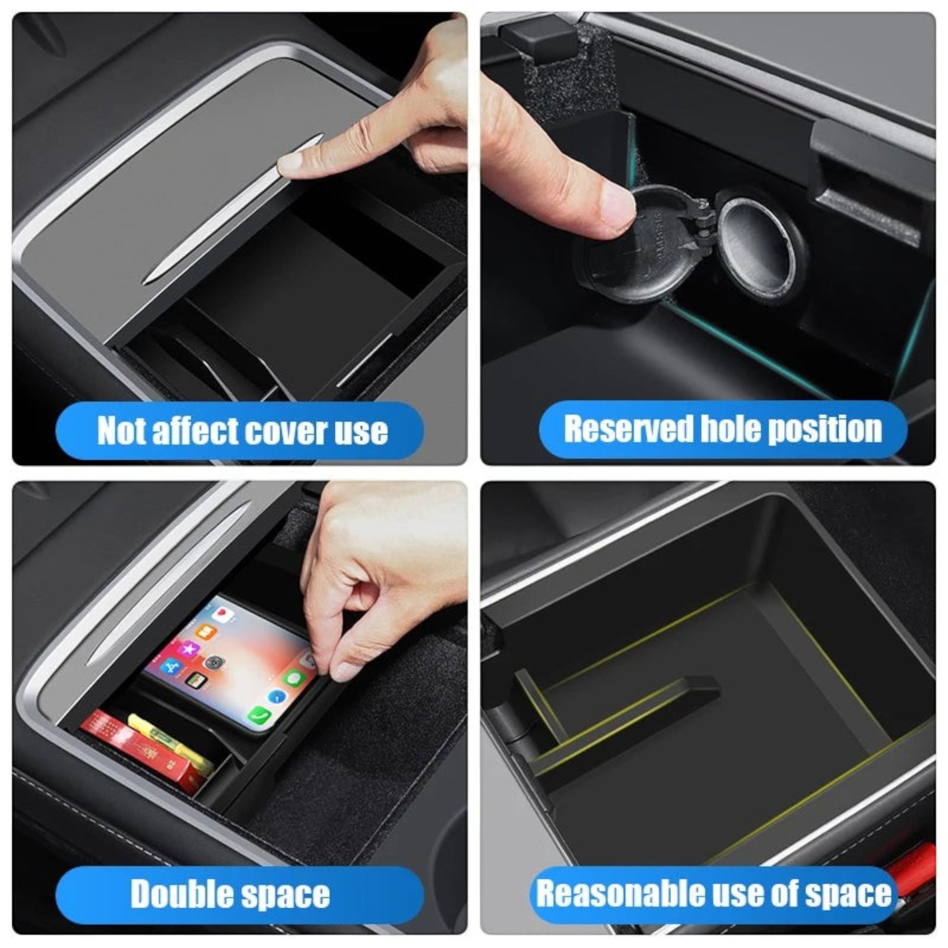 Elevate Automotive center console organizer for Tesla Model 3 Y (2021-2023) with dedicated slots and hidden storage.