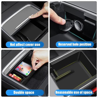 Elevate Automotive center console organizer for Tesla Model 3 Y (2021-2023) with dedicated slots and hidden storage.