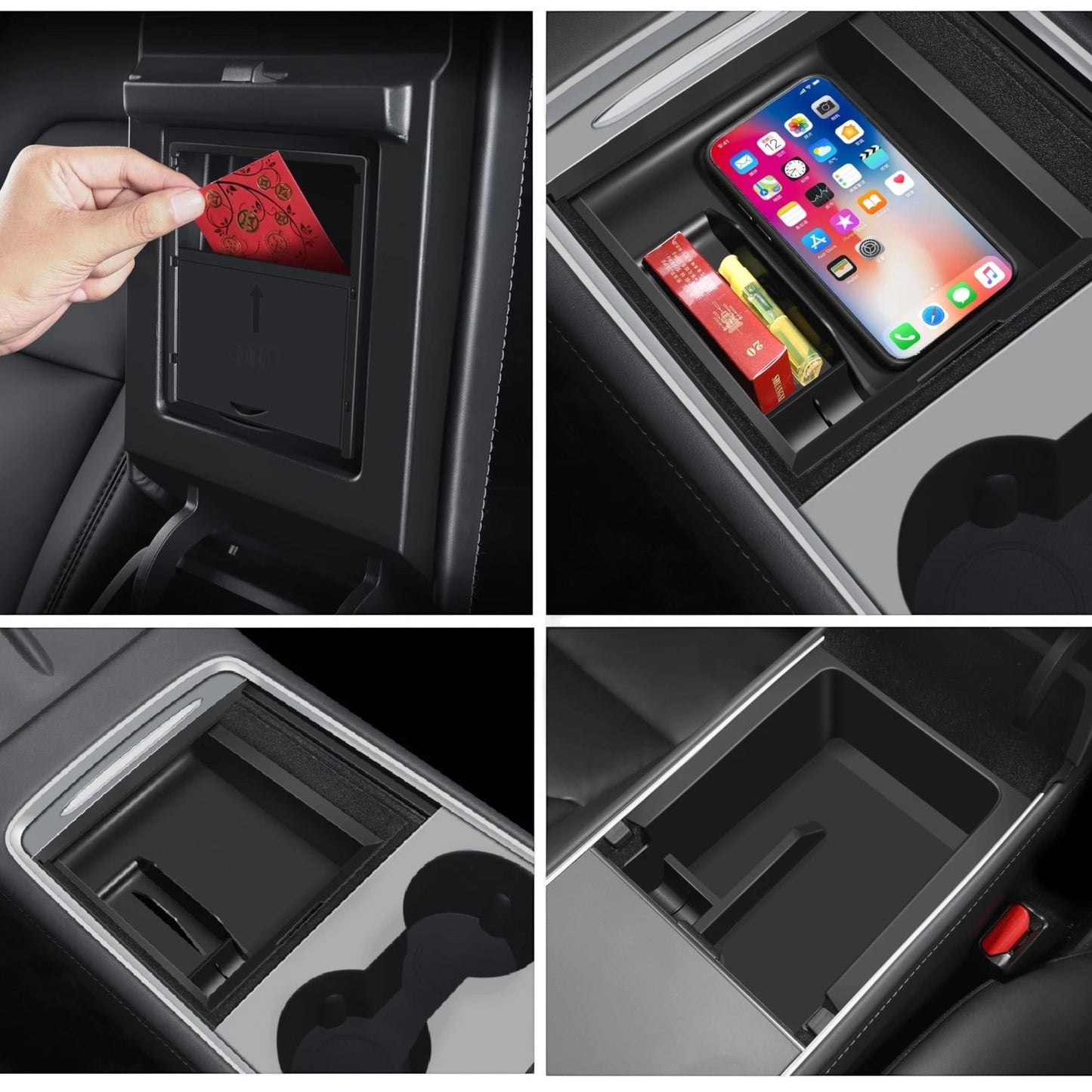 Elevate Automotive black hidden storage tray organizer for Tesla Model 3 Y (2021-2023) center console, with slots for phone and cards.