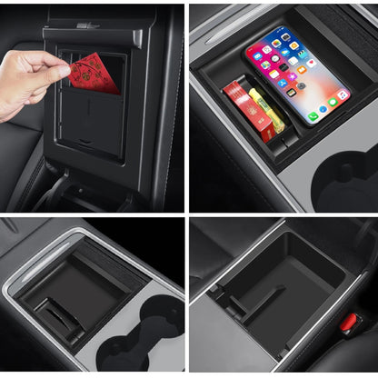 Elevate Automotive black hidden storage tray organizer for Tesla Model 3 Y (2021-2023) center console, with slots for phone and cards.