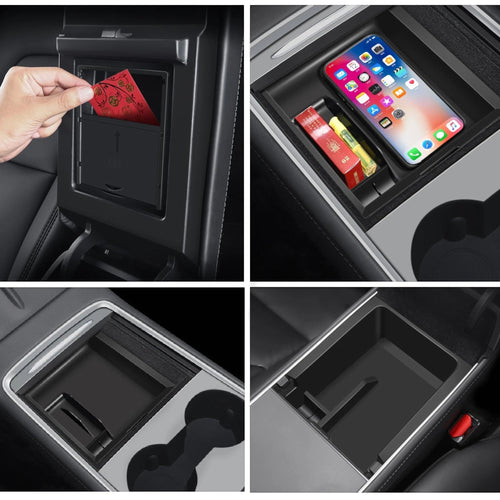 Elevate Automotive black hidden storage tray organizer for Tesla Model 3 Y (2021-2023) center console, with slots for phone and cards.