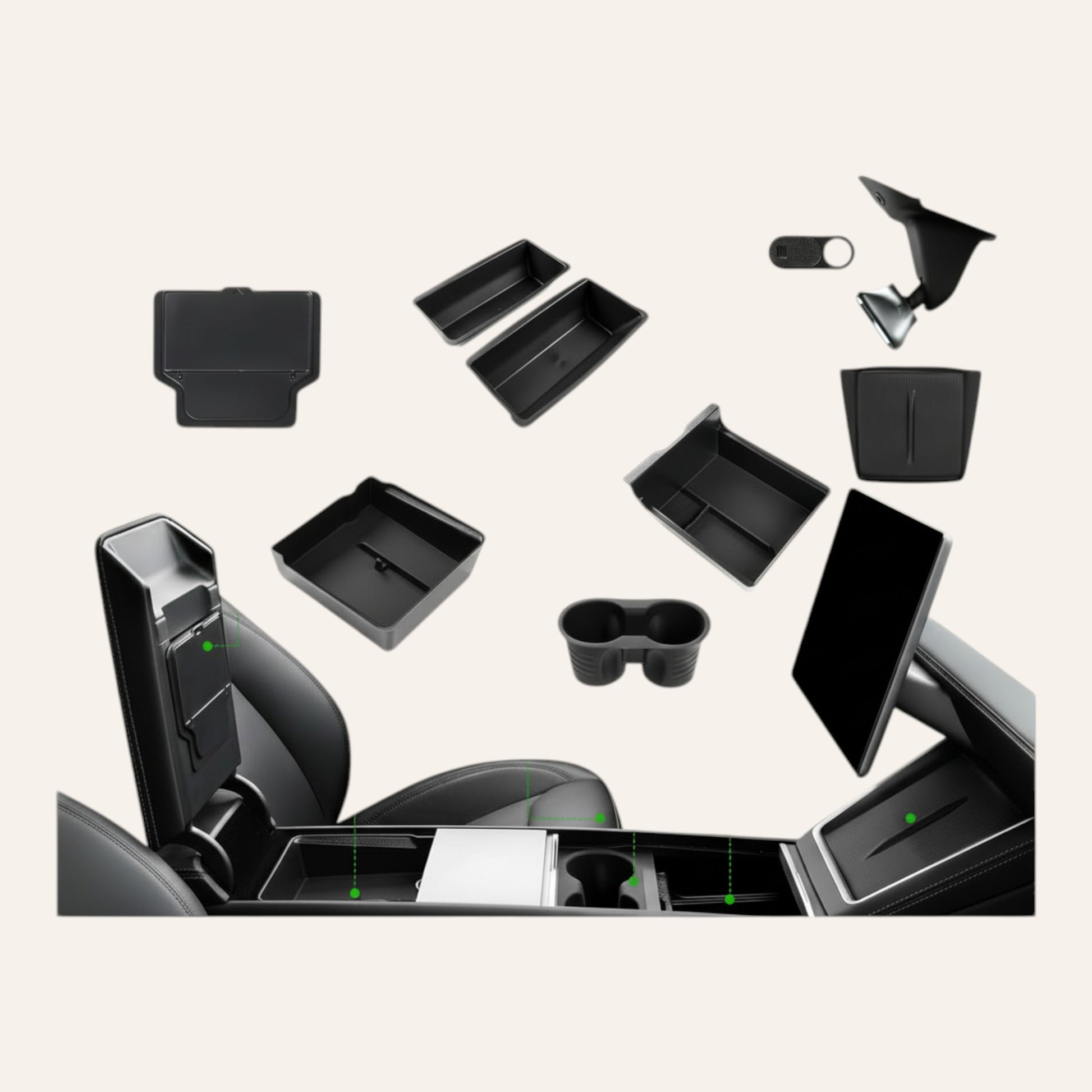Elevate Automotive black center console organizer set for Tesla Model 3 Highland and Model Y Juniper, featuring multiple trays and compartments.