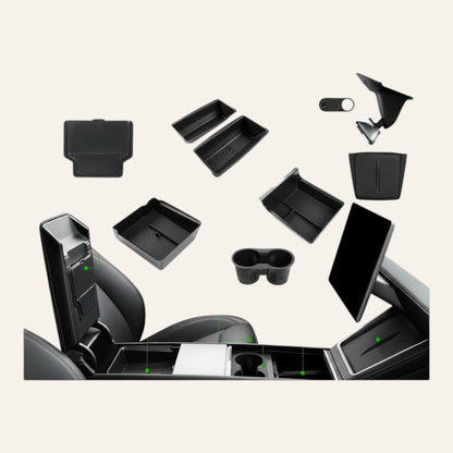 Elevate Automotive black center console organizer set for Tesla Model 3 Highland and Model Y Juniper, featuring multiple trays and compartments.