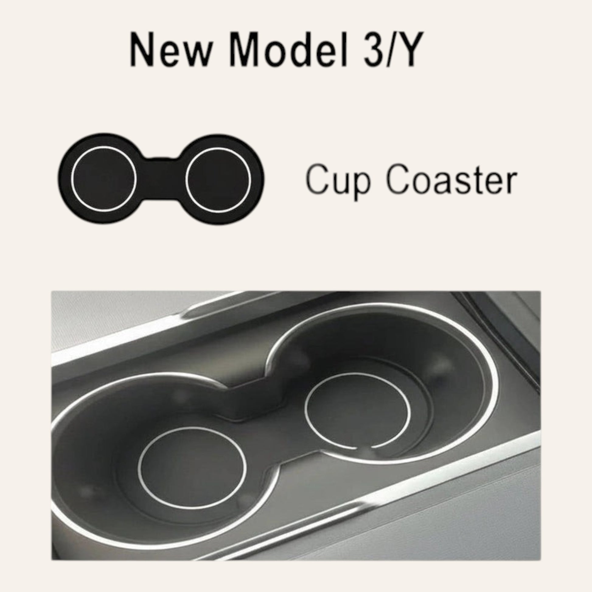 Elevate Automotive black cup holder insert for Tesla Model 3 Highland and Model Y Juniper with silver trim.