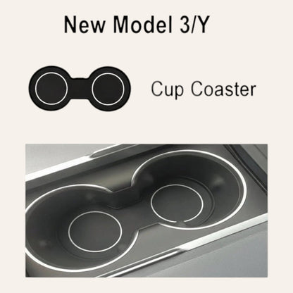 Elevate Automotive black cup holder insert for Tesla Model 3 Highland and Model Y Juniper with silver trim.