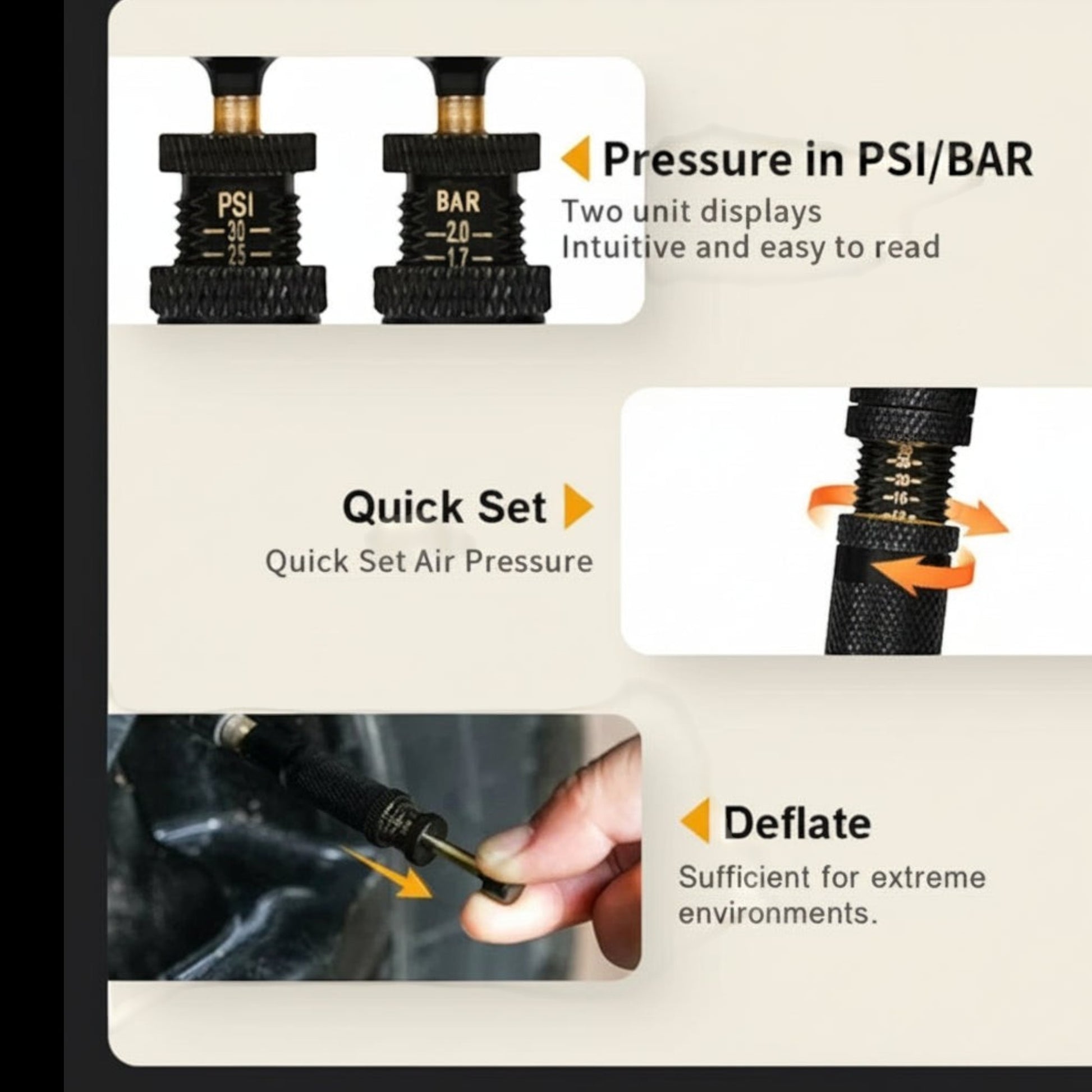 Elevate Automotive automatic tire deflator with PSI/BAR display, quick set pressure adjustment, and Schrader valve compatibility for off-road use.