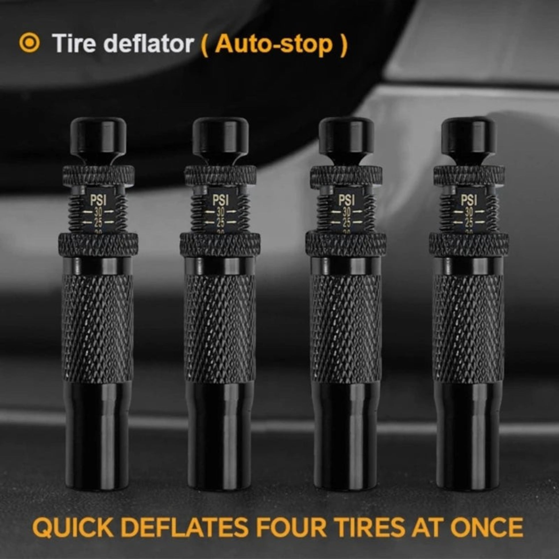 Elevate Automotive black metal automatic tire deflators with PSI markings. Set of 4.