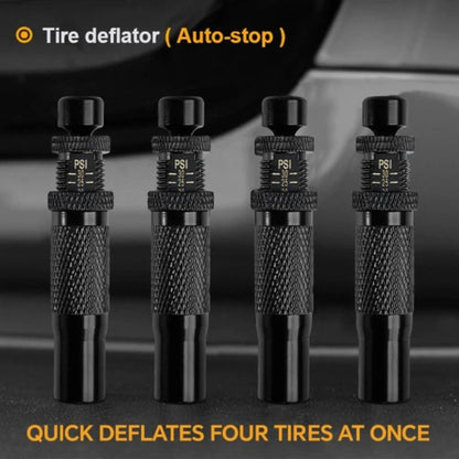 Elevate Automotive black metal automatic tire deflators with PSI markings. Set of 4.